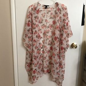 Forever 21 Rose Print Chiffon Kimono (White/Pink)